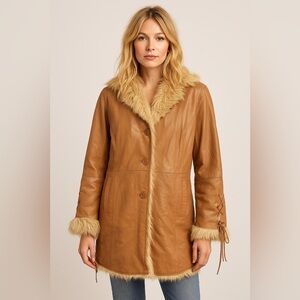 VTG Via Accenti Penny Lane Brown Leather Coat faux fur Lined Bohemian Sz 18 W